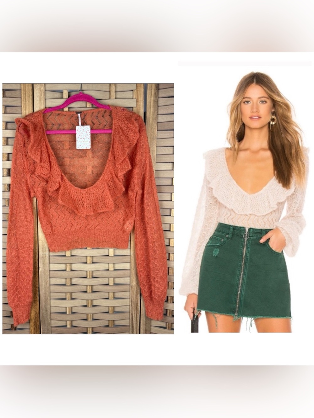 FREE PEOPLE Mohair and Wool Ruffled Balloon Sleeve Burnt Orange Sweater